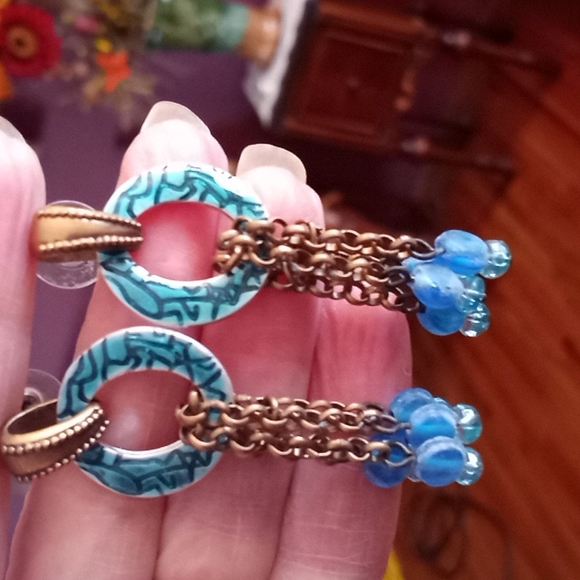 Stunning Enamel and Beaded Earrings, Pierced - Picture 1 of 4